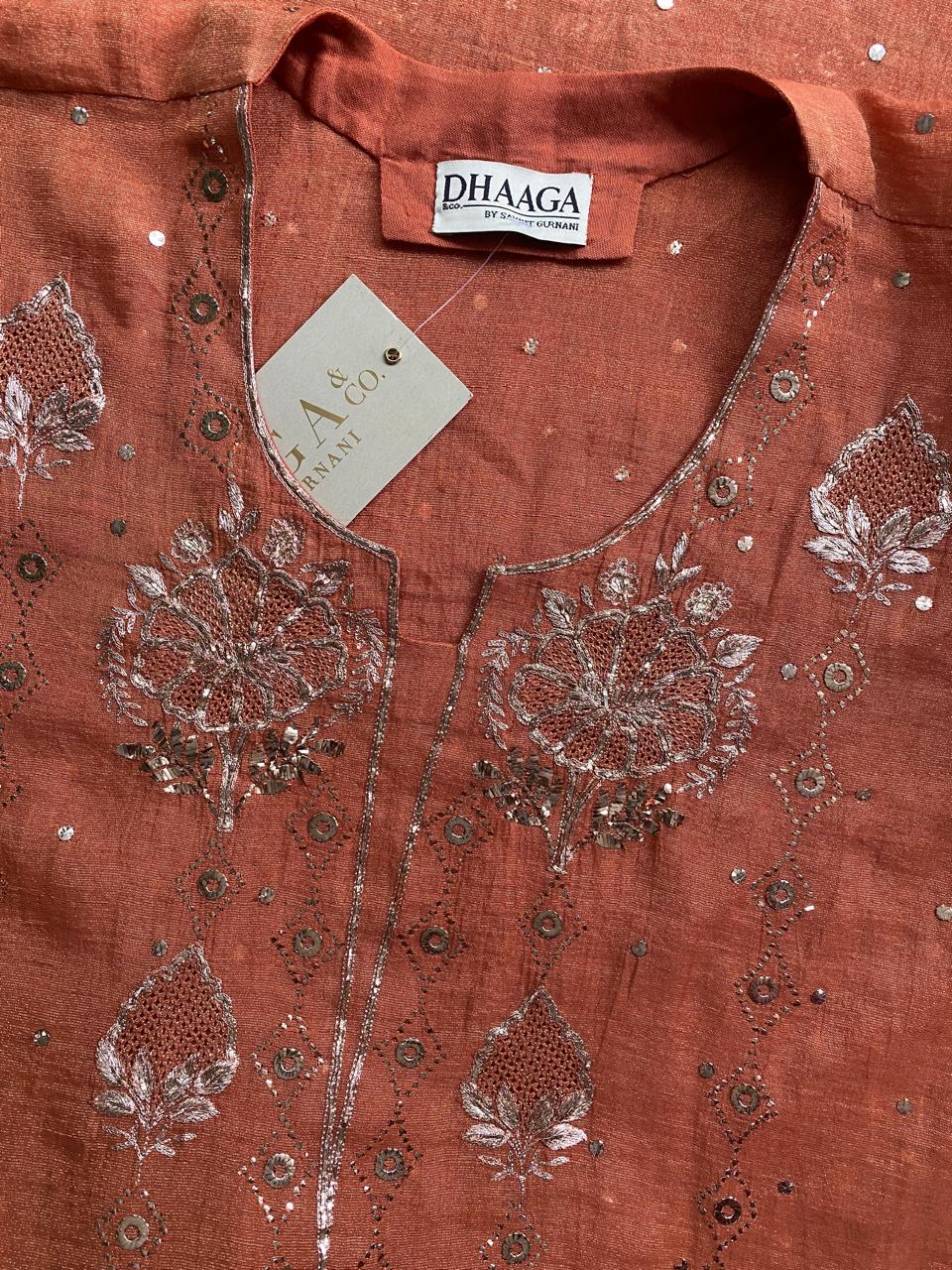 Burnt Orange Golden Tissue chikankari kurta set