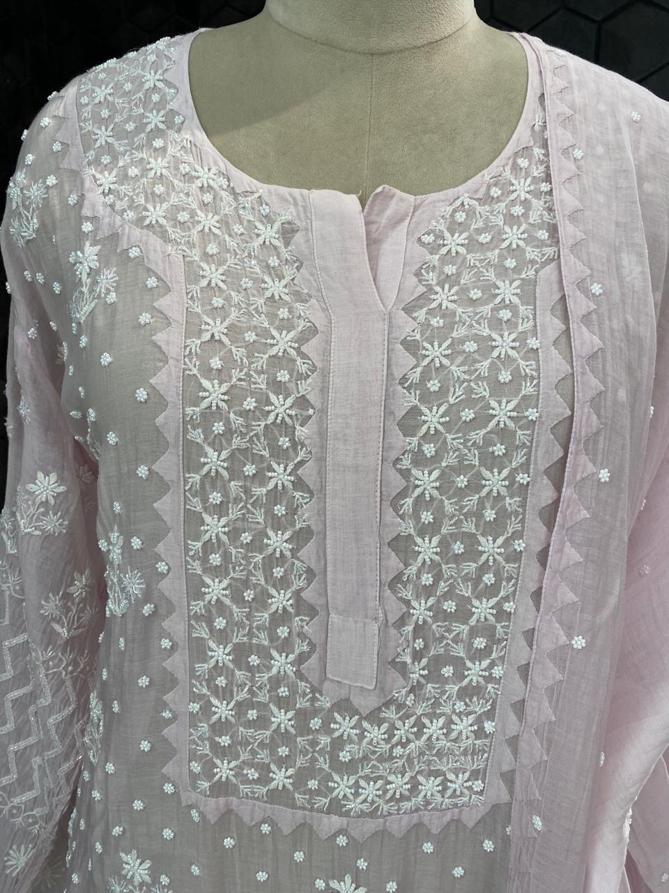 lilac mul chanderi chikankari kurta set