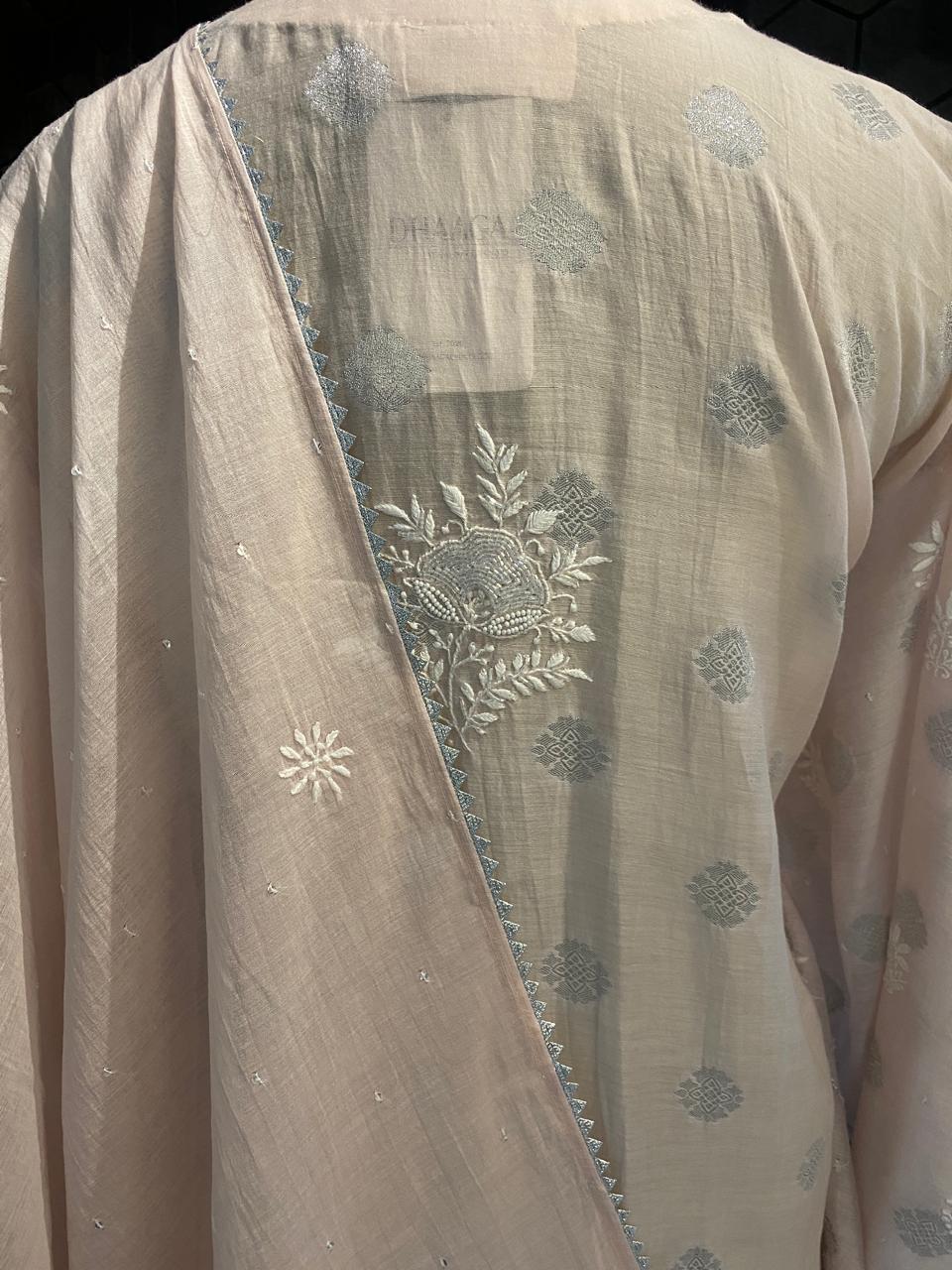 Pink Mul Chanderi with silver booti Chikankari Kurta Set