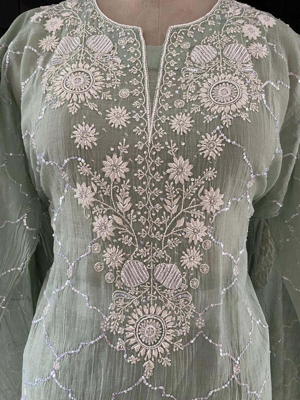 Sea Green Silver Tissue Chikankari Co-ord Set
