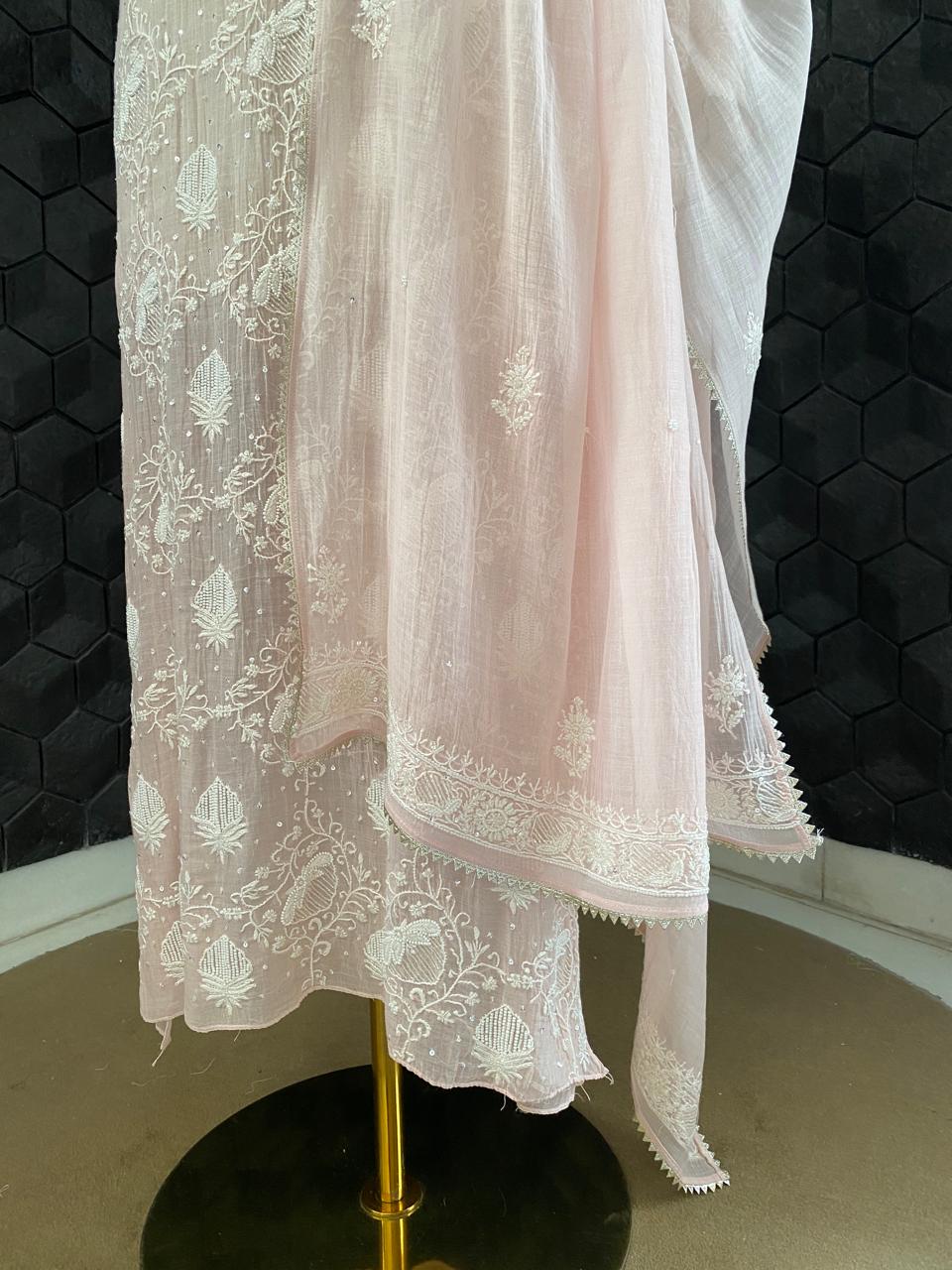 pink mul chanderi full jaal chikankari kurta set