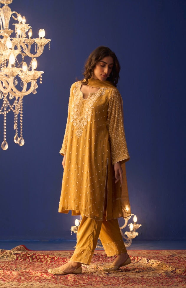 Mustard Yellow Mul Chanderi Chikankari Pakistani Kurta Set