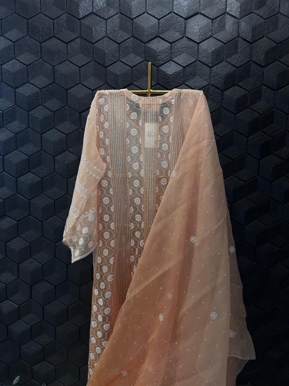 Orange Organza Chikankari Anarkali Suit Set