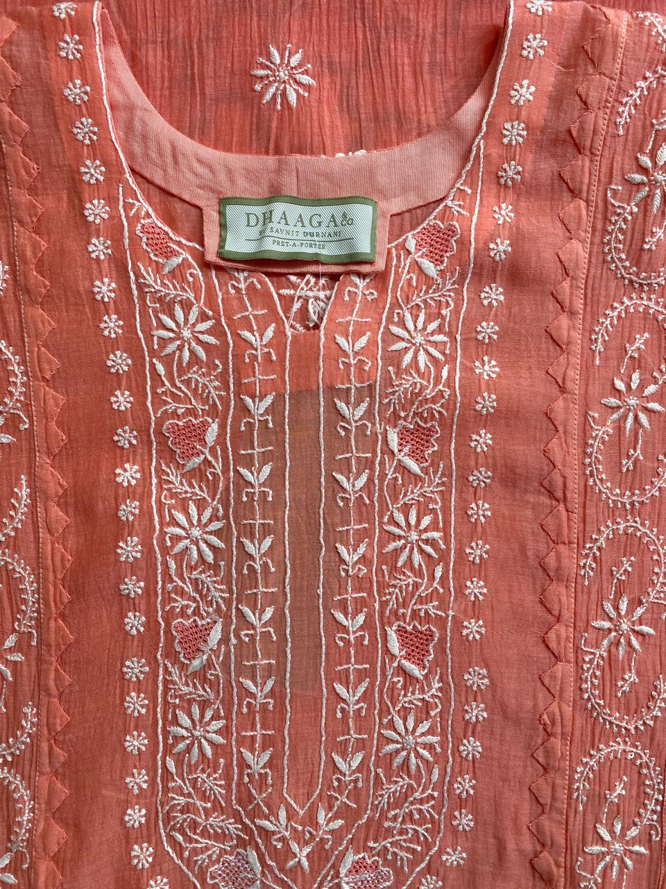 Orange Mul Chanderi Chikankari kurta set
