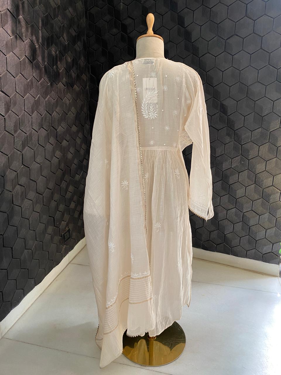 Beige Mul Chanderi Chikankari Kurta Set