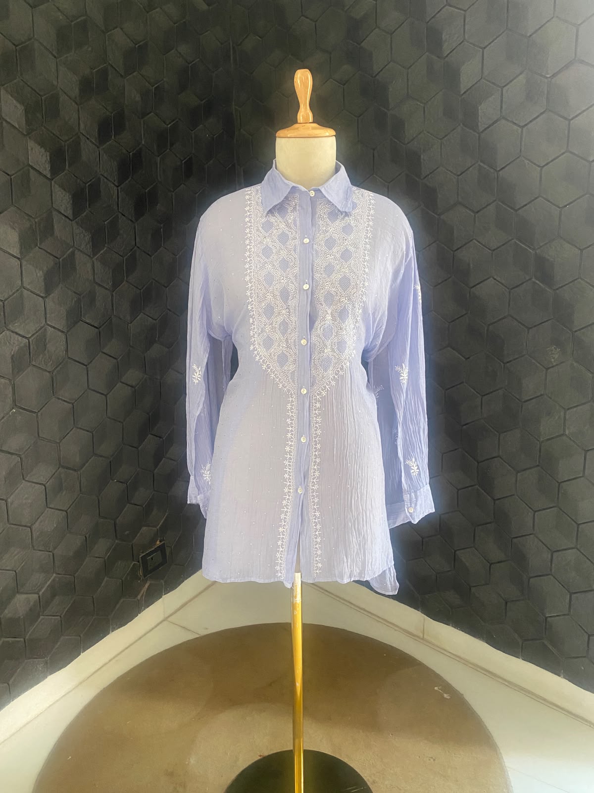 Ash Blue Golden tissue chikankari shirt