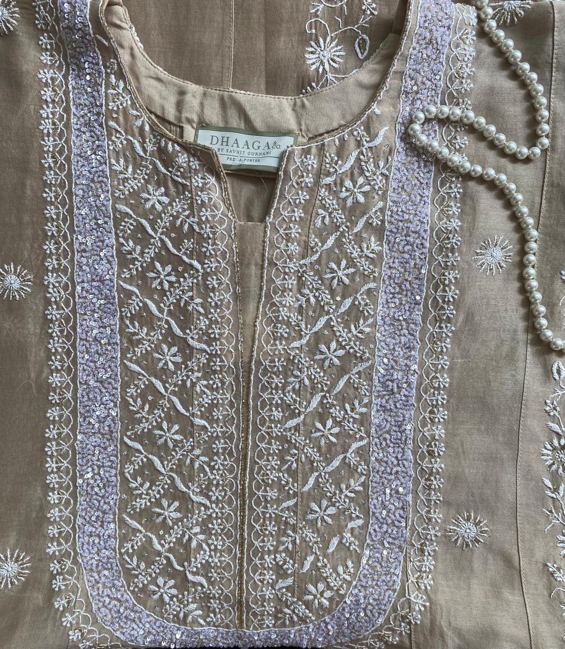 Beige Chanderi Anarkali Kurta Set