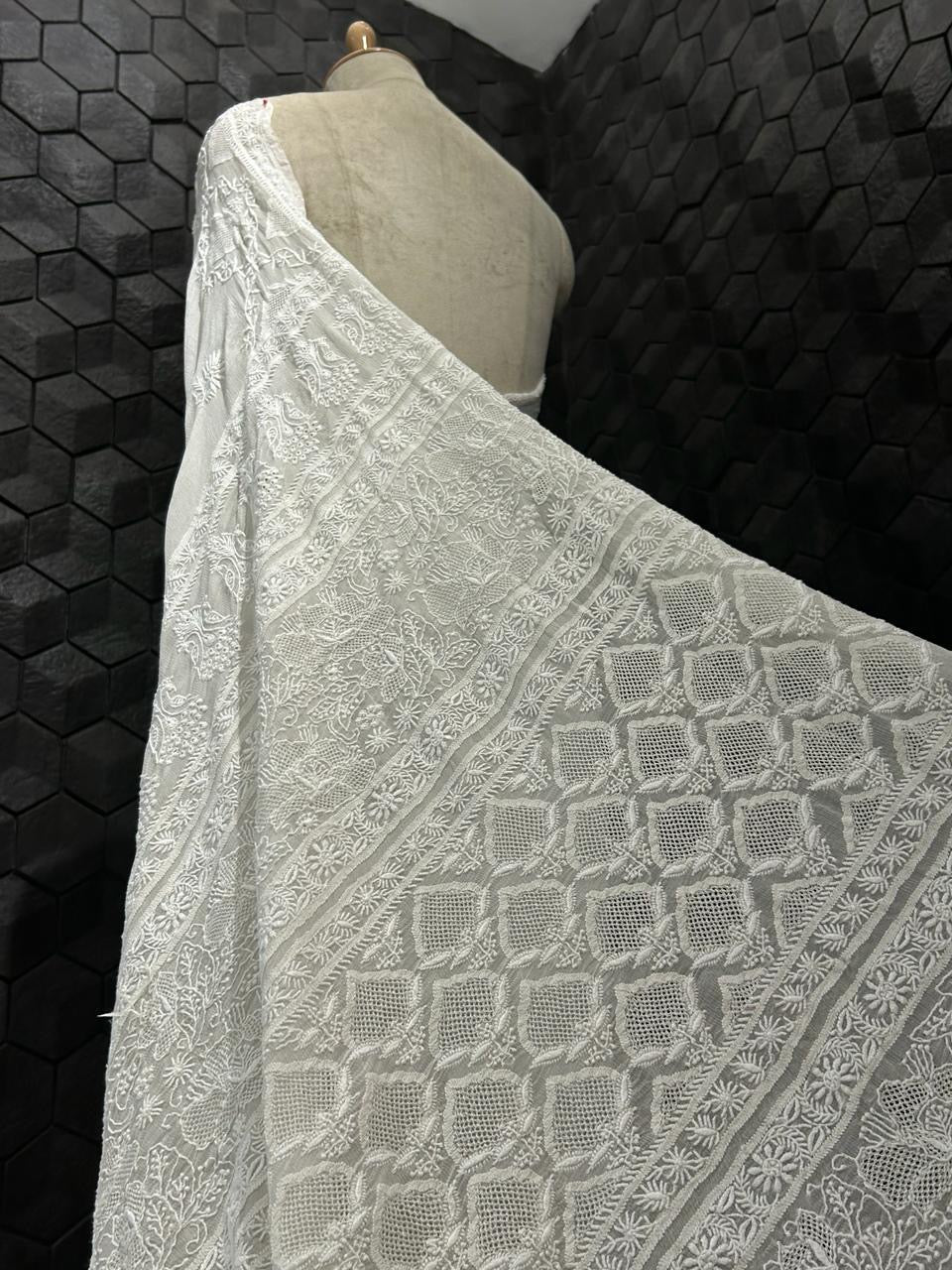 Premium White Chiffon Chikankari Saree With Statement Chikankari Jaal