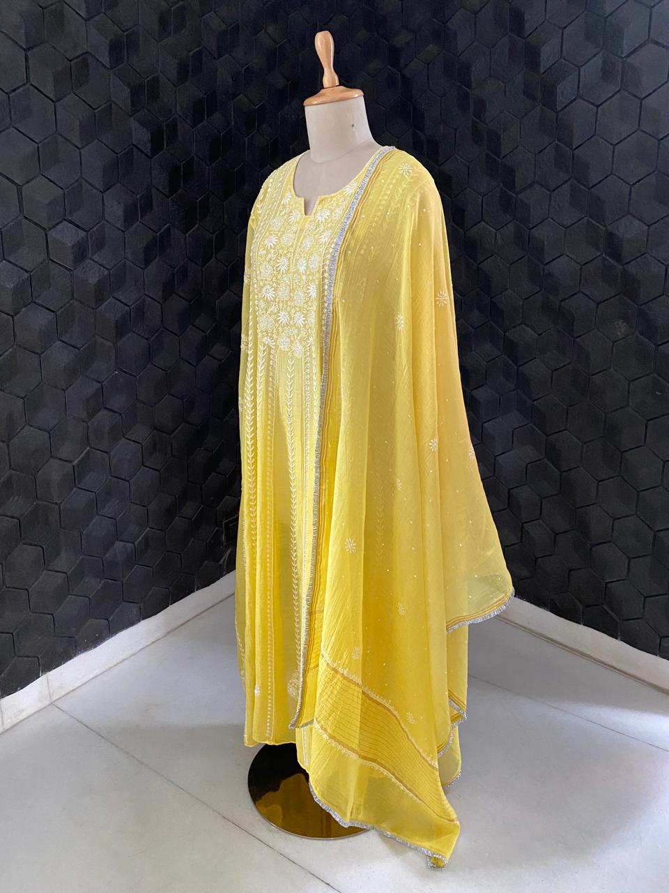 Yellow Mul Chanderi Anarkali kurta set