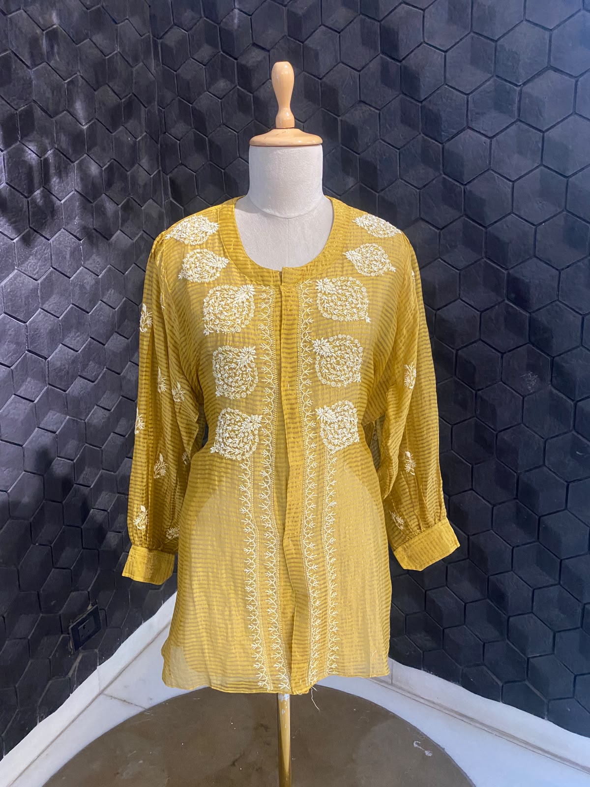 Musterd Yellow striped tissue chikankari shirt
