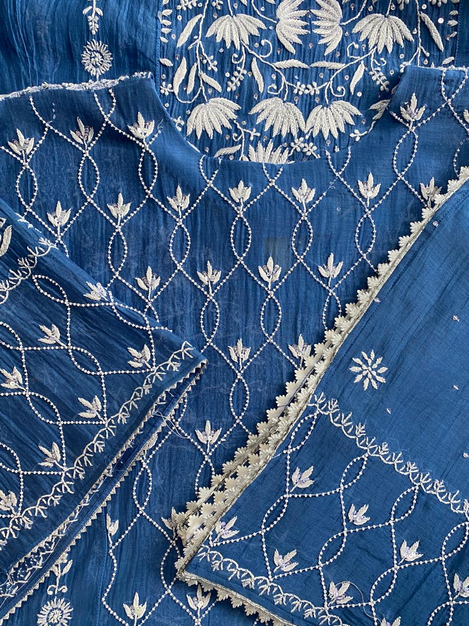 cobalt blue mul chanderi chikankari kurta set