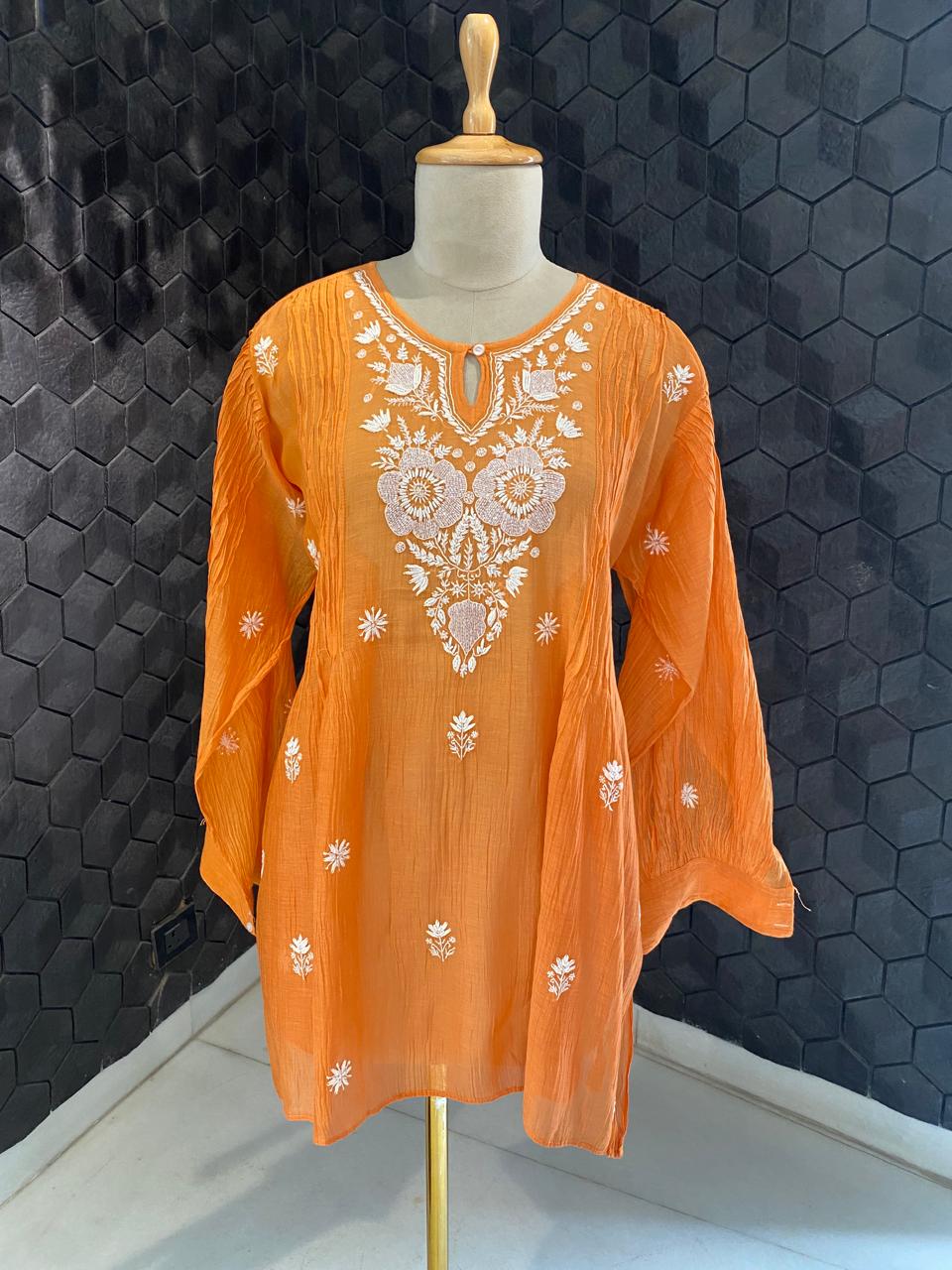 Orange mul chanderi chikankari co-ord set