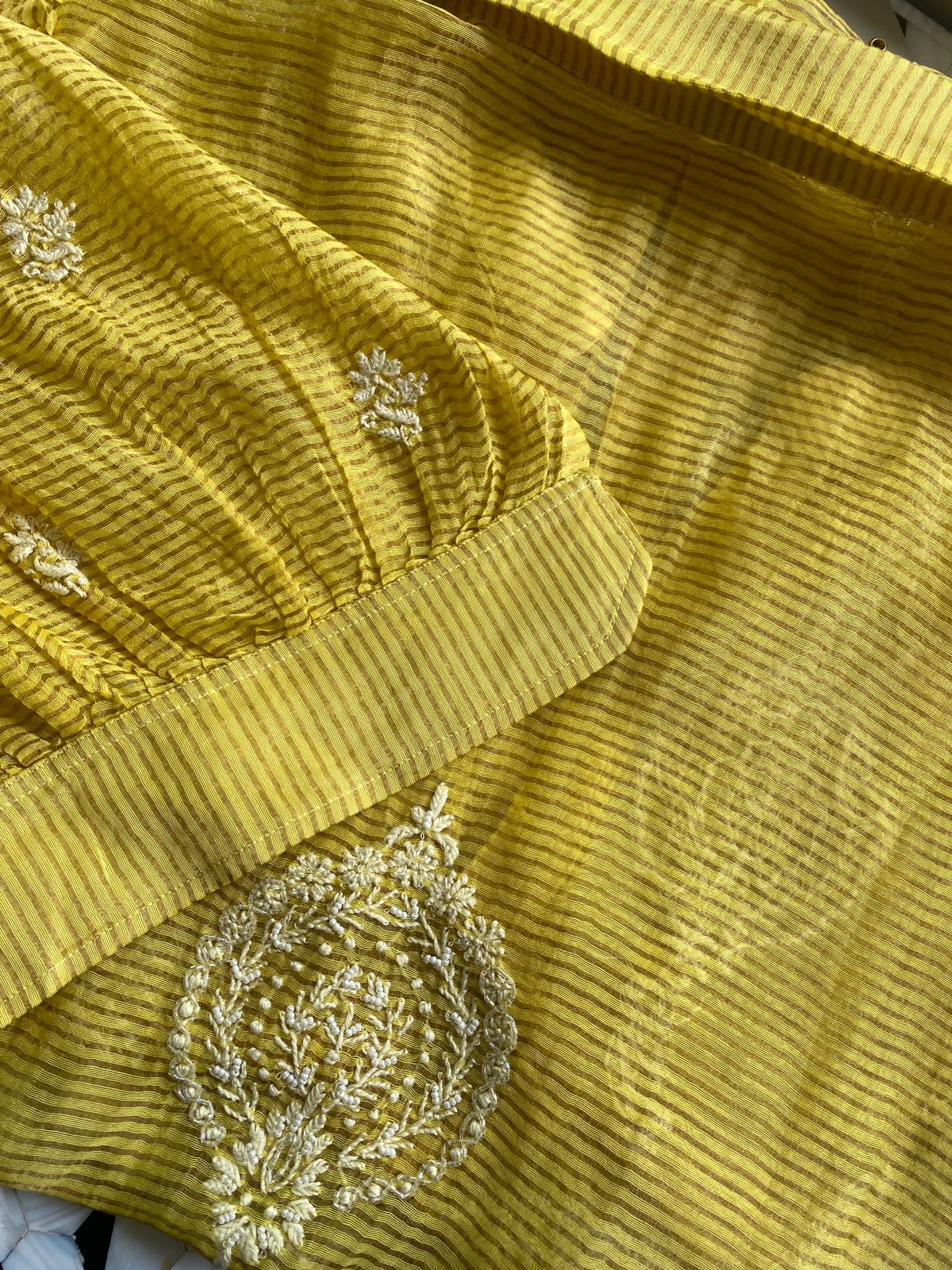 Yellow stribed tissue chikankari shirt