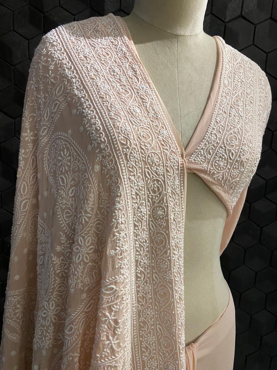 Peach georgette chikankari saree
