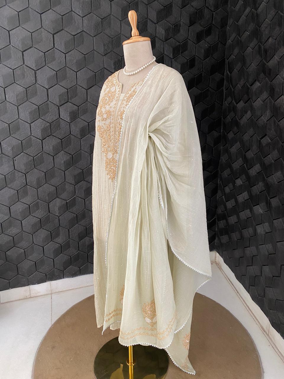 Pista Green Mul Chanderi Chikankari Kurta Set