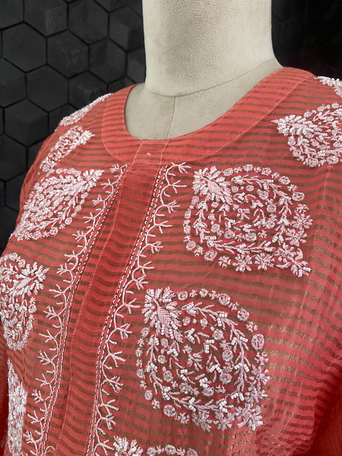 Fuschia Pink striped tissue chikankari shirt