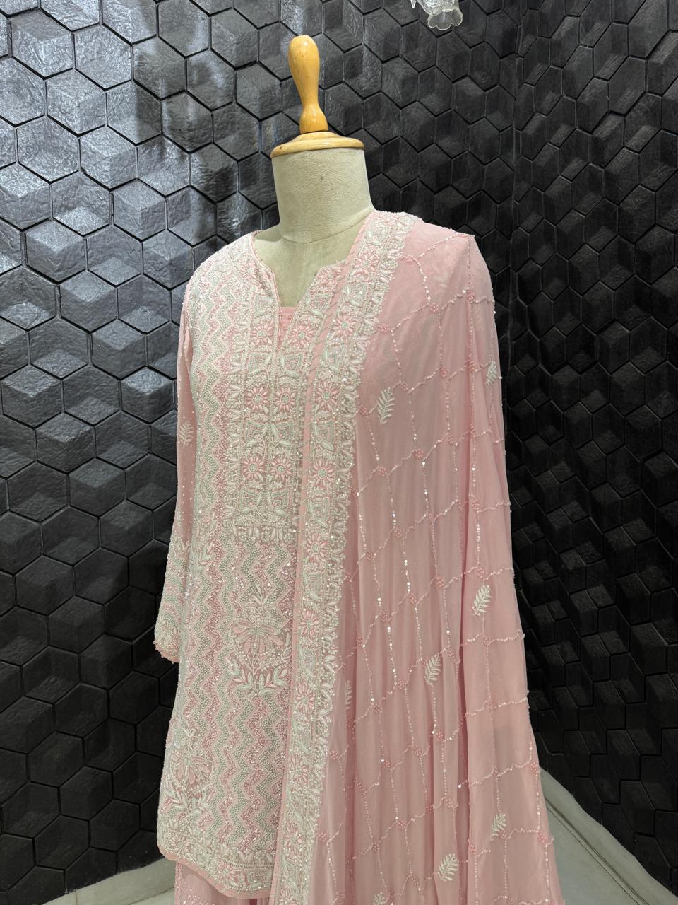 Pink Multi- Sequins Georgette Sharara Set