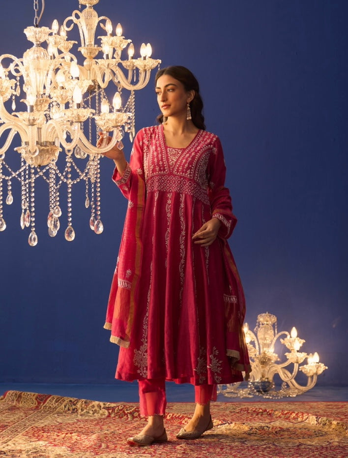 Fuschia Pink Stripped Chanderi Anarkali Set