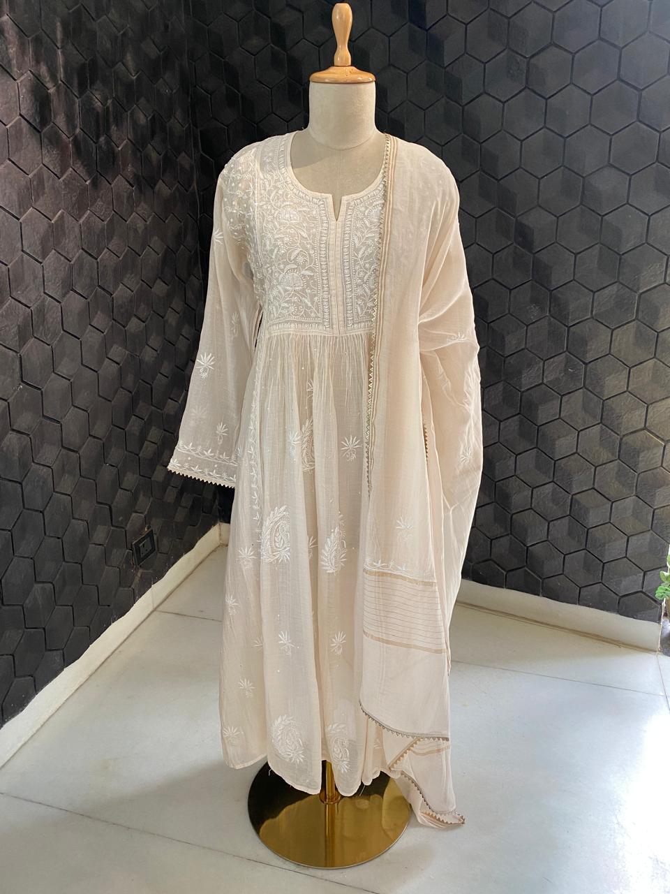 Beige Mul Chanderi Chikankari Kurta Set