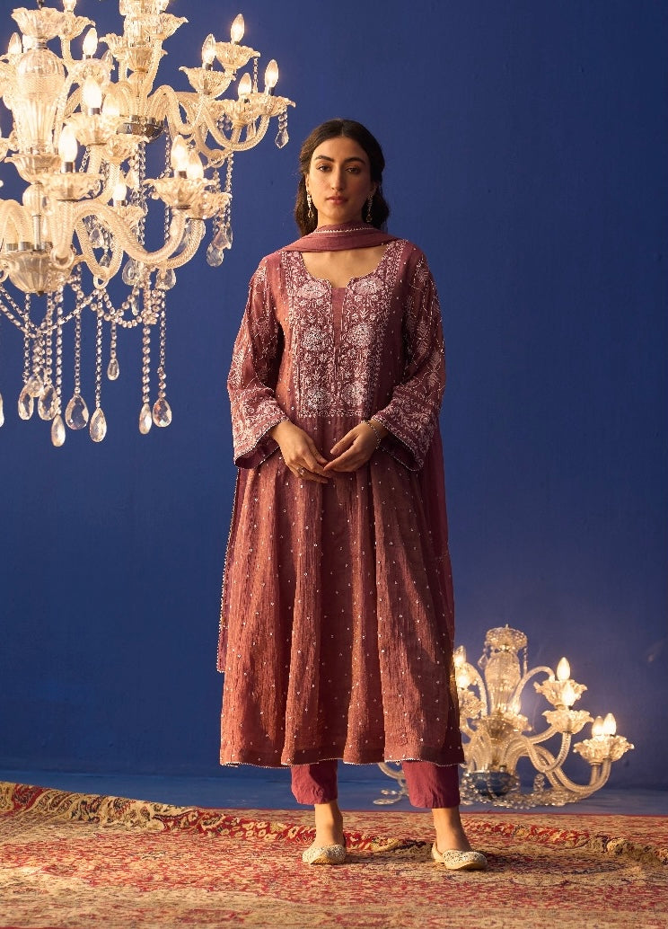 Plum Tissue Chikankari Kurta Set