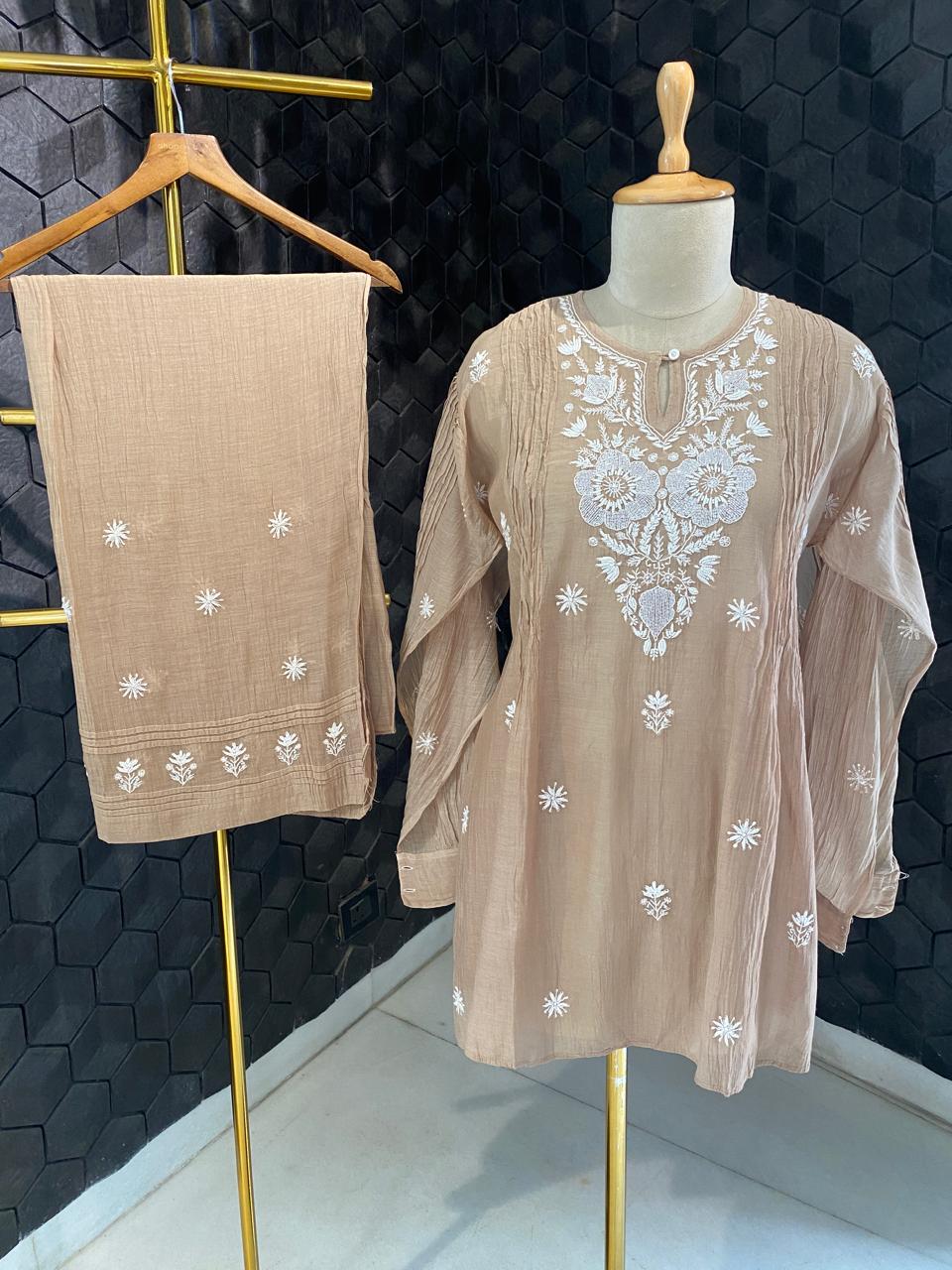 brown mul chanderi chikankari co-ord set