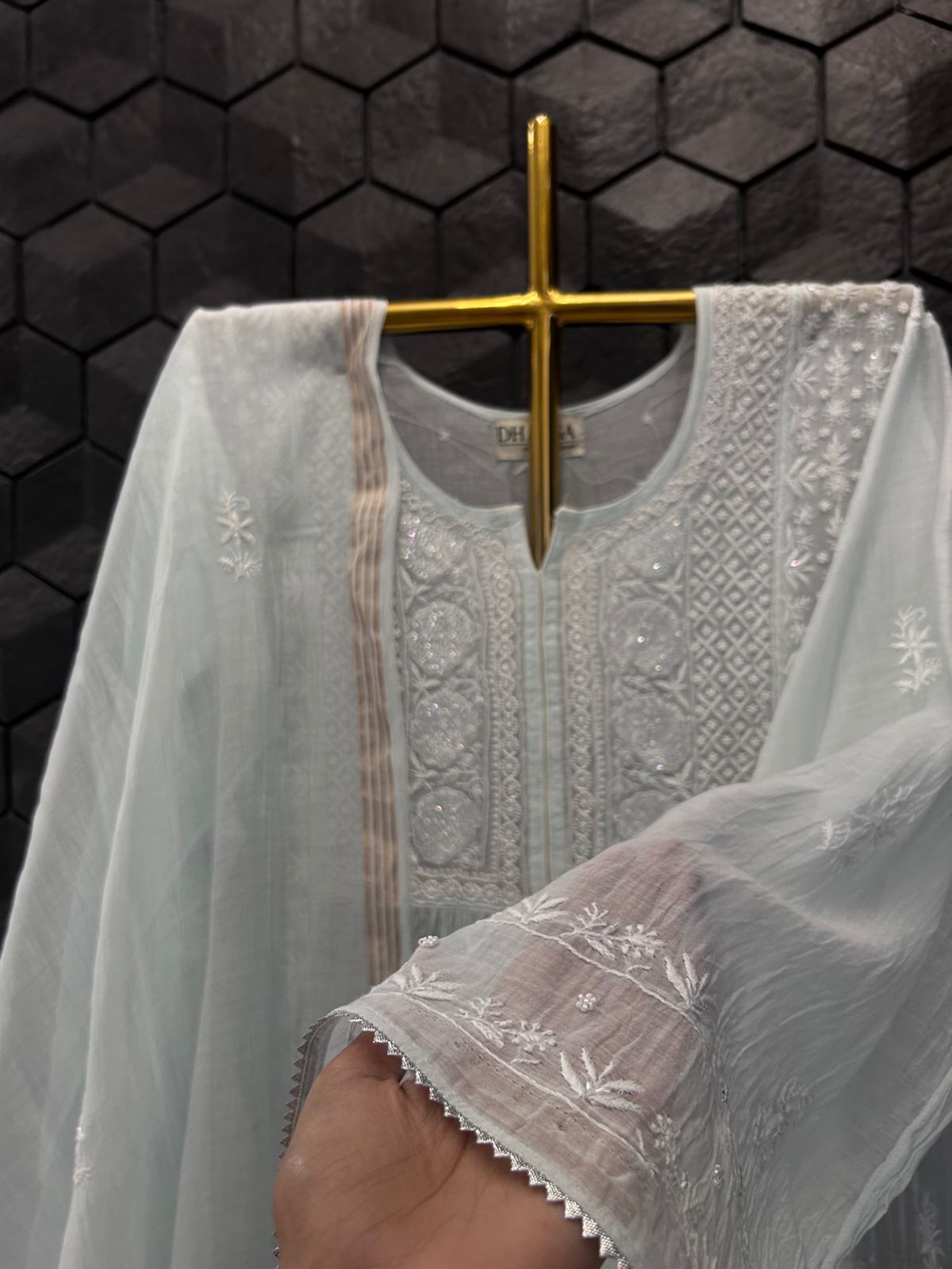 Sky Blue Mul Chanderi Chikankari Kurta Set