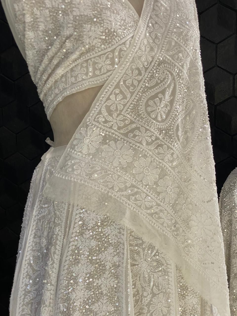 White Georgette Floral Chikankari Lehenga Set