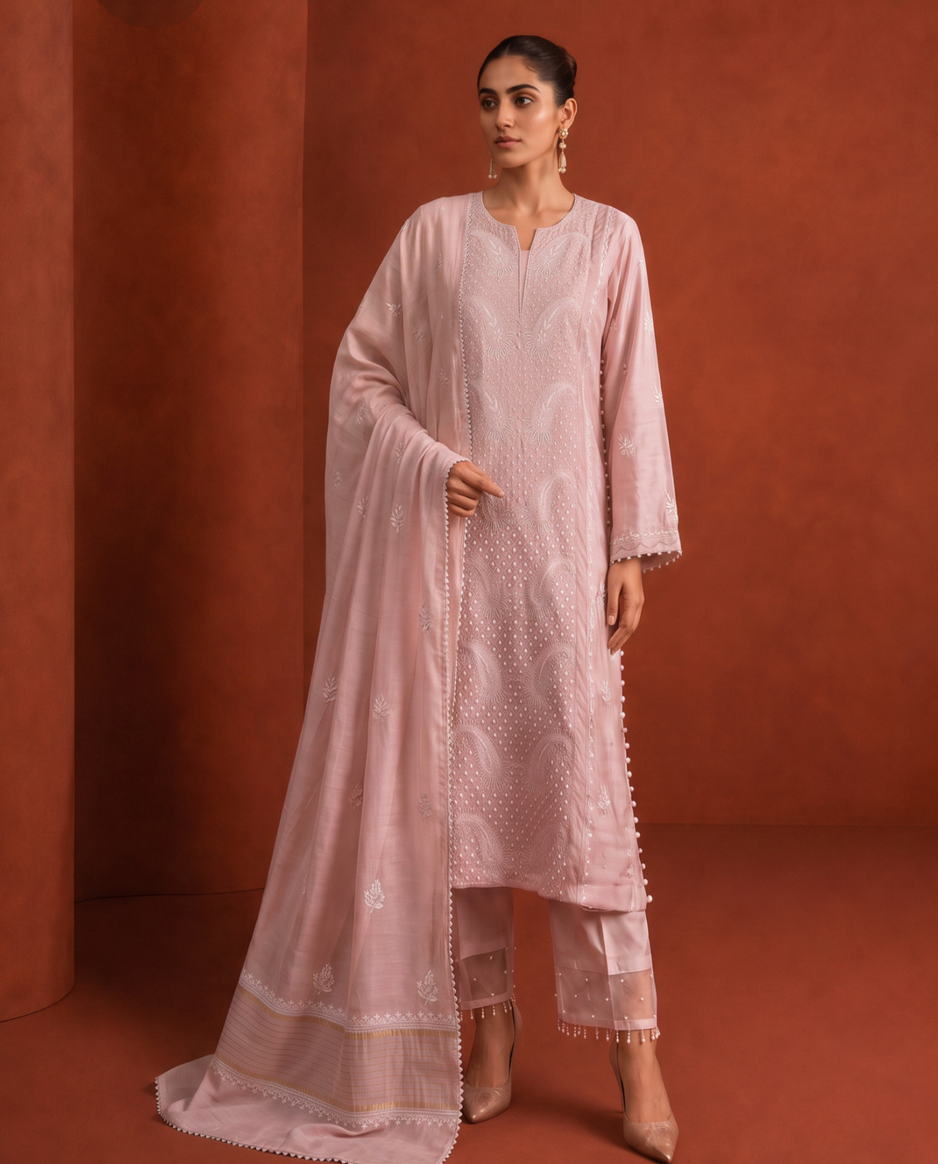 Pastel Pink Moonga Silk Kurta Set with Paisley Jaal