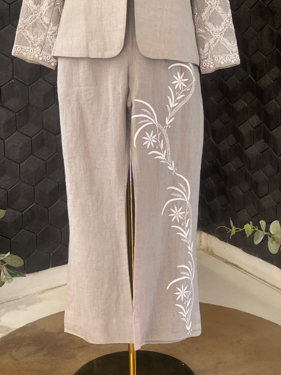 Grey Linen Jaal Boota Blazer Set