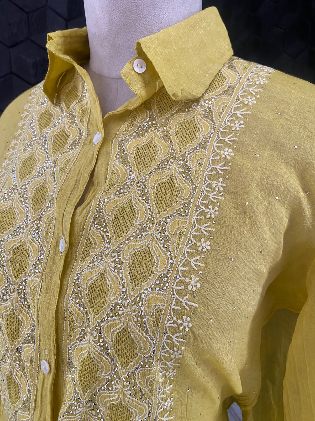 Yellow Golden tissue chikankari shirt