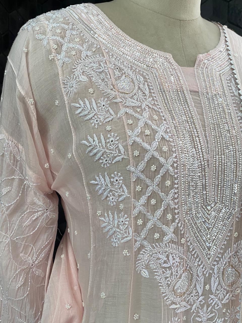 Pink chikankari Anarkali Suit in Mul Chanderi