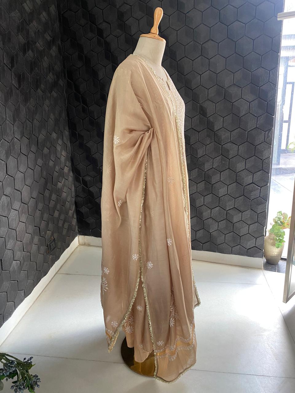 Beige Chanderi Anarkali Kurta Set