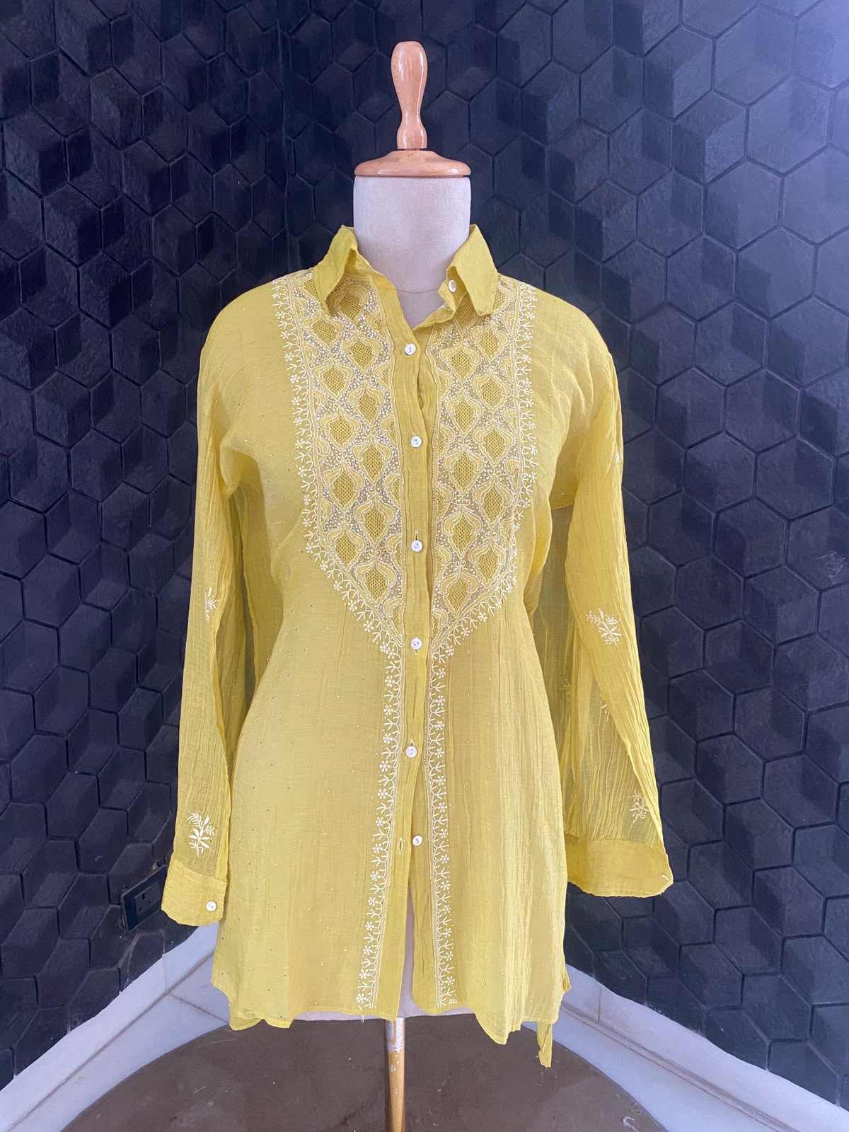 Yellow Golden tissue chikankari shirt