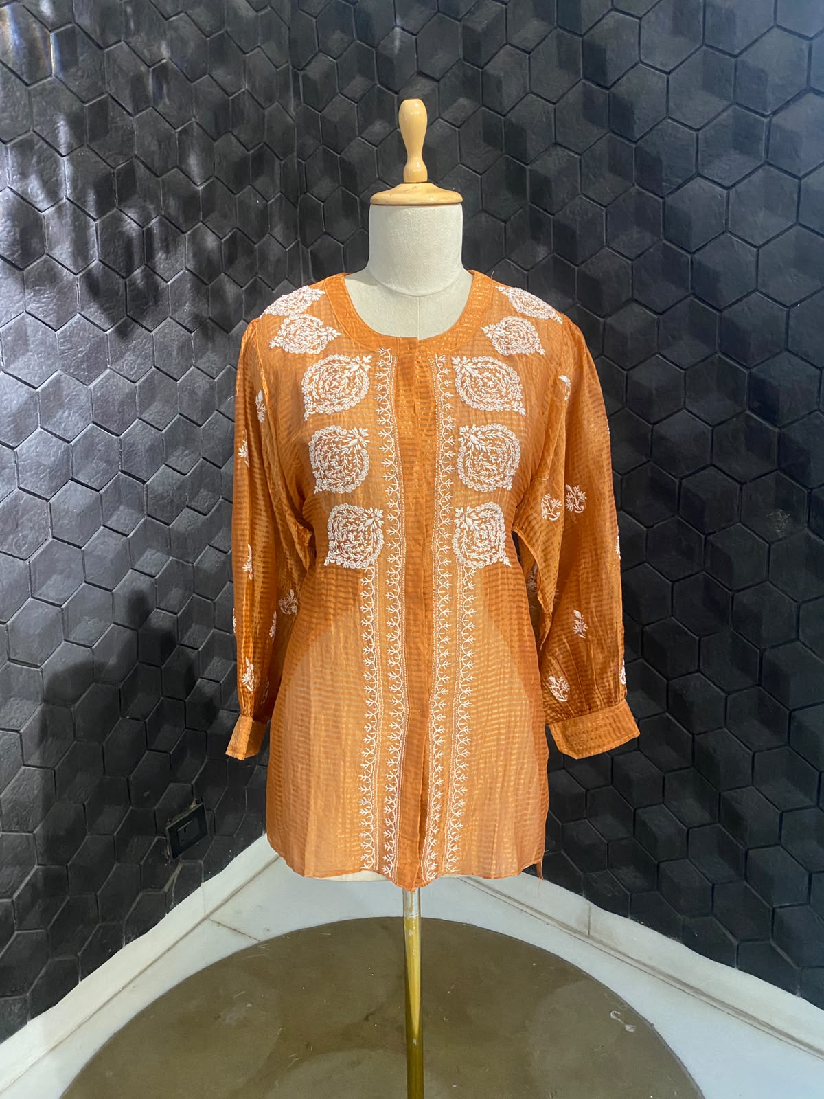 Mustard Yellow striped tissue chikankari shirt