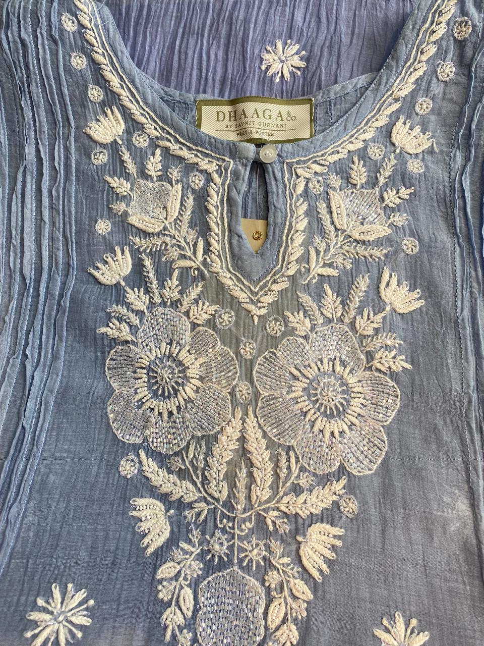 blue mul chanderi chikankari co-ord set