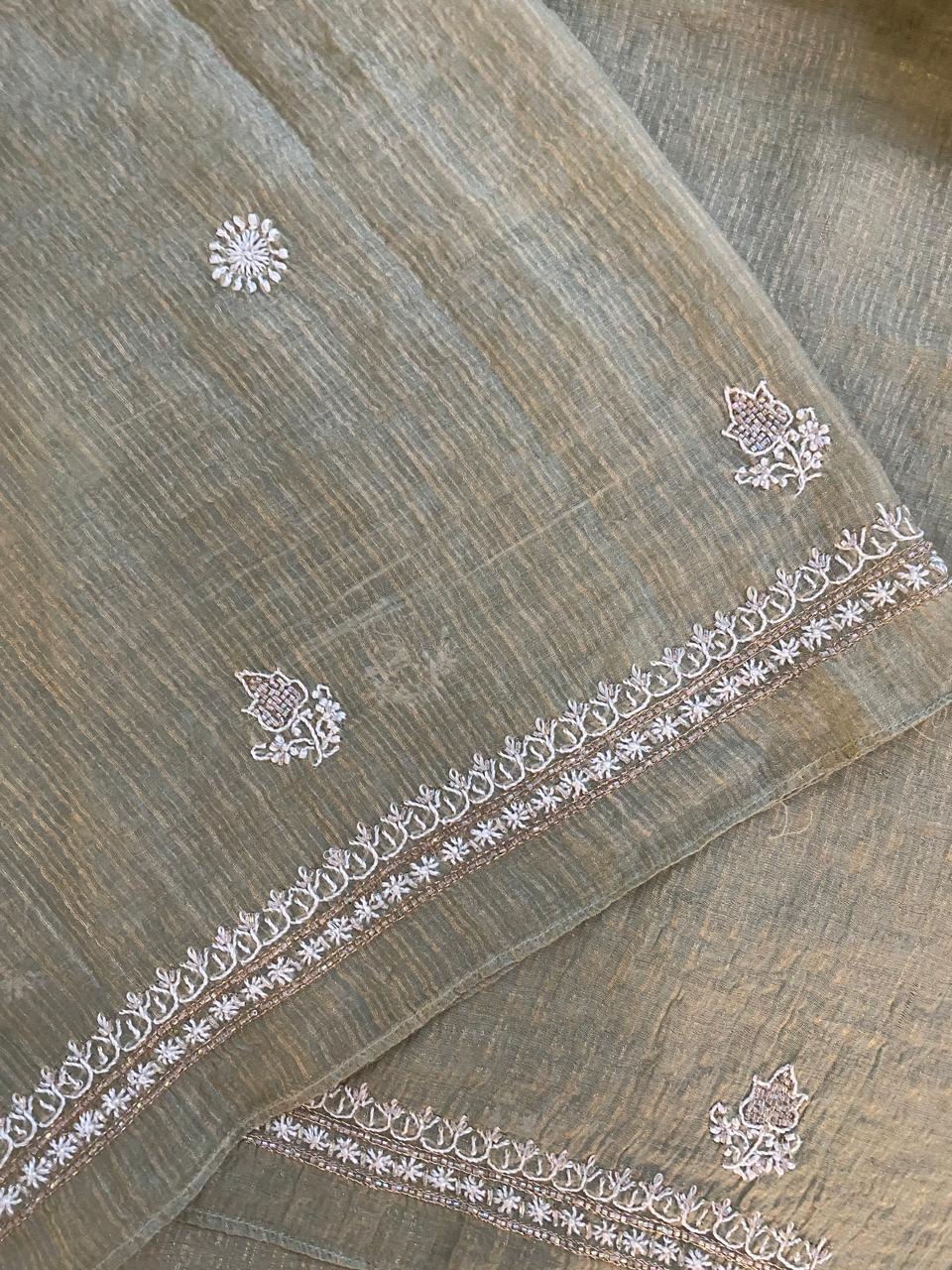 Sage Green Golden striped Tissue Men's Kurta