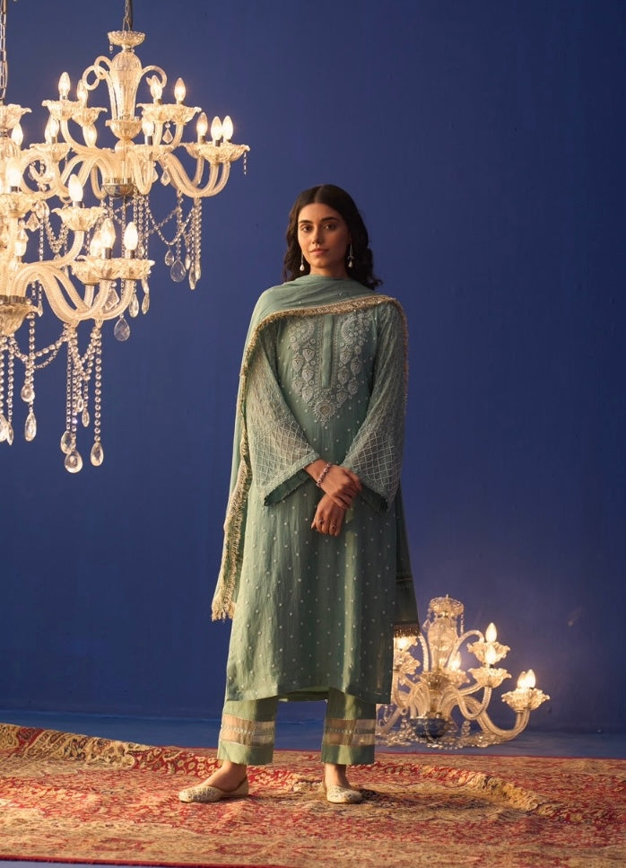 Sea Green Mul Chanderi Chikankari Kurta Set with Moroccan sleeves