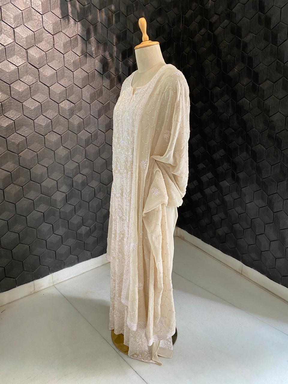 ivory georgette full jaal chikankari kurta set