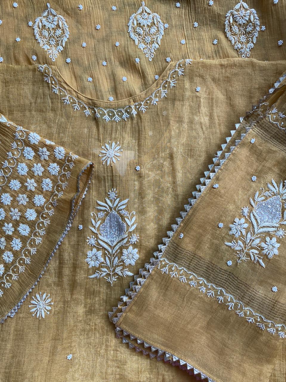 Mustard yellow Golden Tissue Chikankari Kurta Set