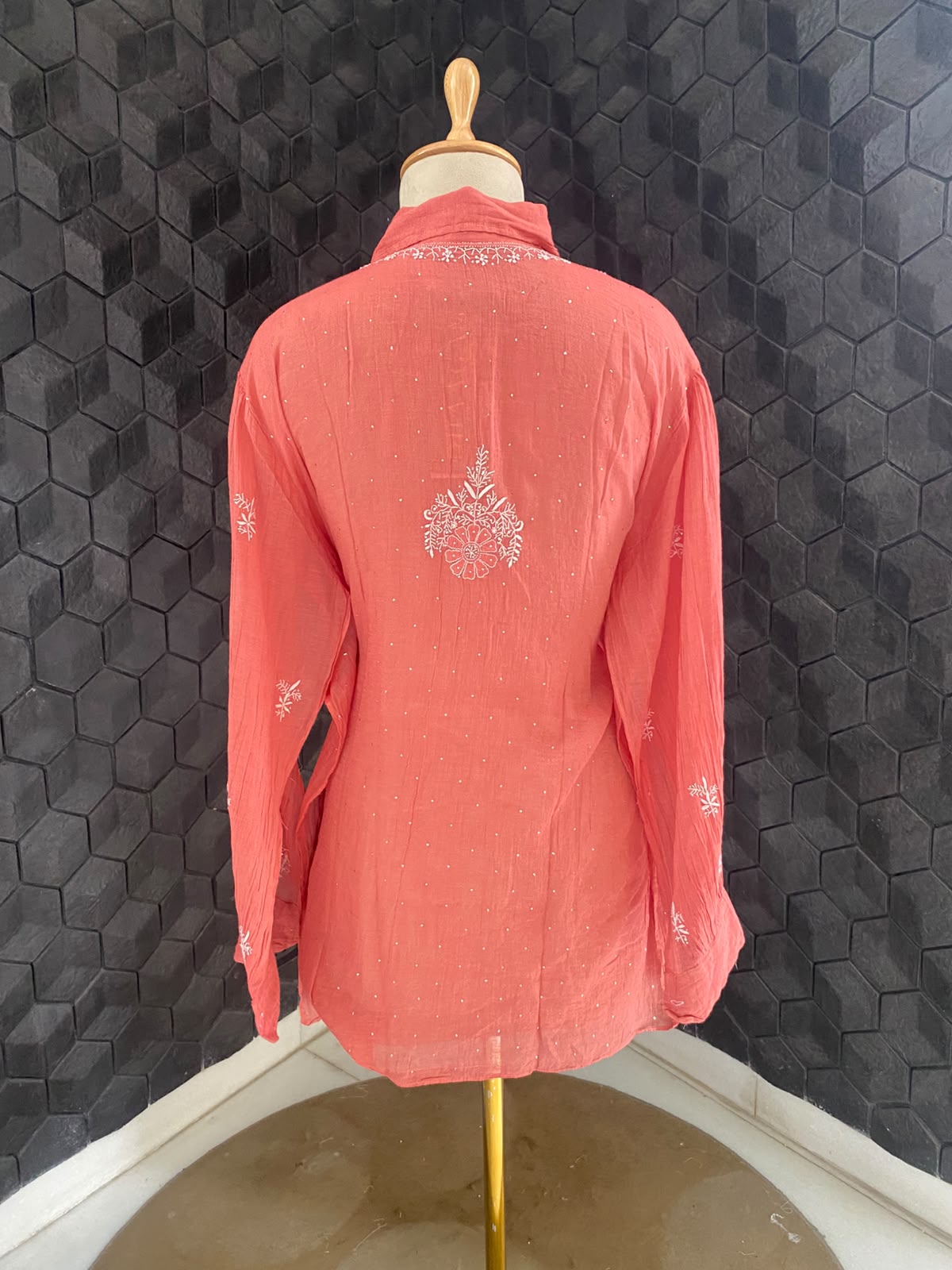 fuschia pink Golden tissue chikankari shirt