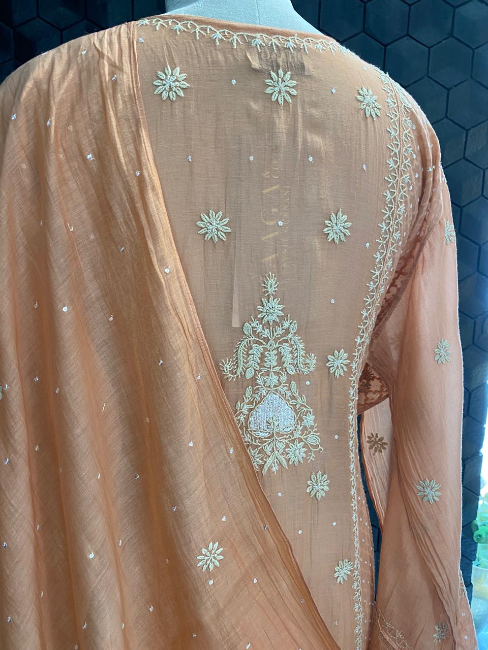 Orange mul chanderi chikankari Anarkali kurta set