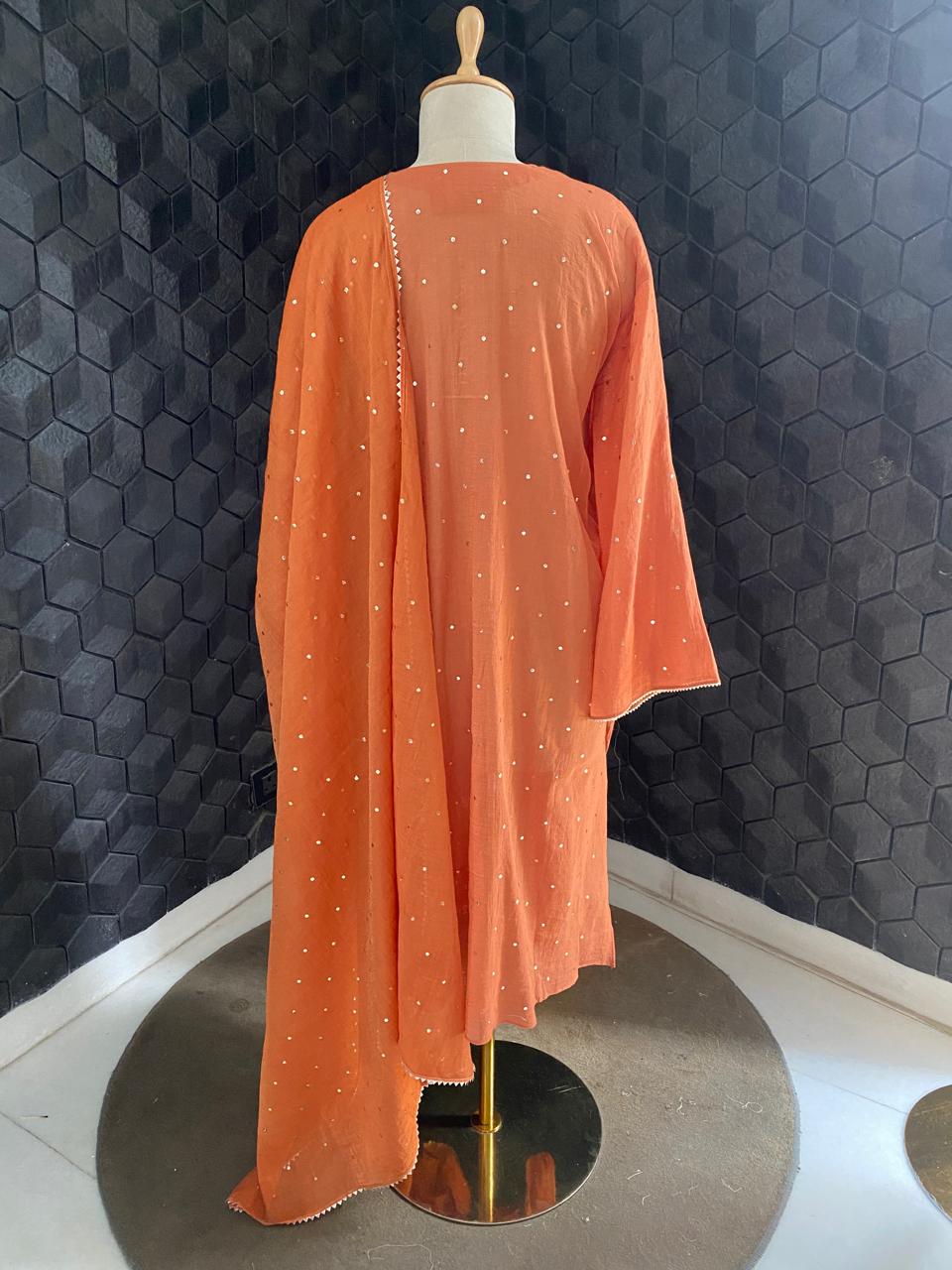 Burnt Orange Golden Tissue chikankari kurta set