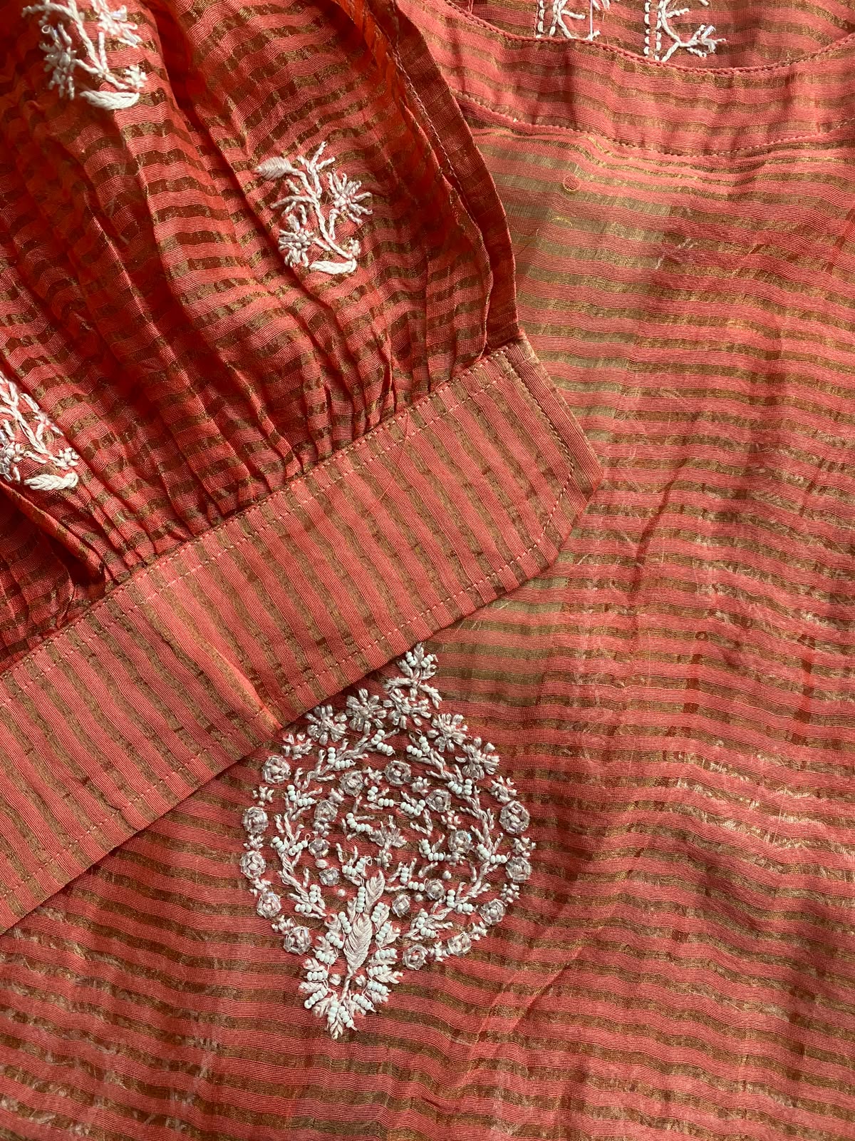 Fuschia Pink striped tissue chikankari shirt