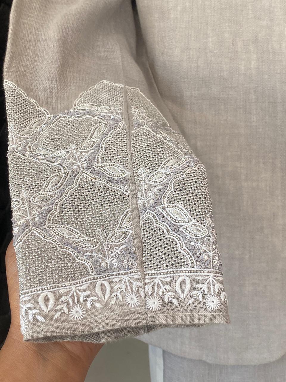 Grey Linen Jaal Boota Blazer Set