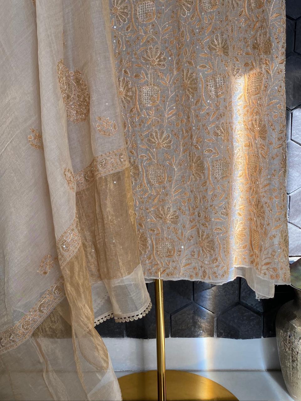 Natural Golden Tissue Chikankari Kurta Set