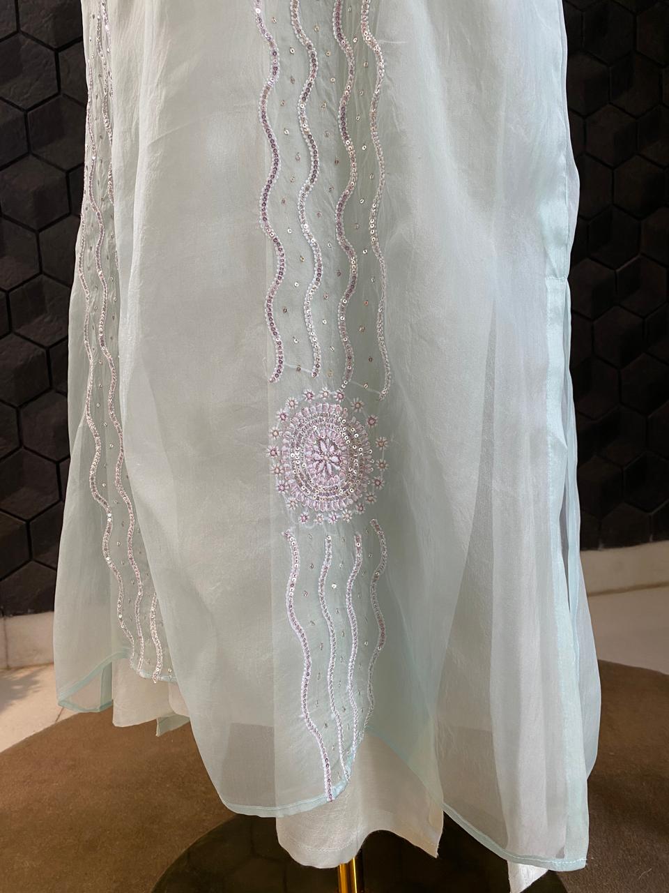 Sea Green Chikankari Long Kurta in Organza