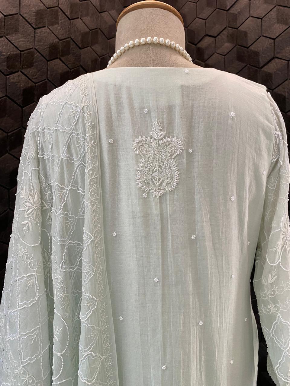 Sea Green Mul Chanderi Chikankari Kurta Set