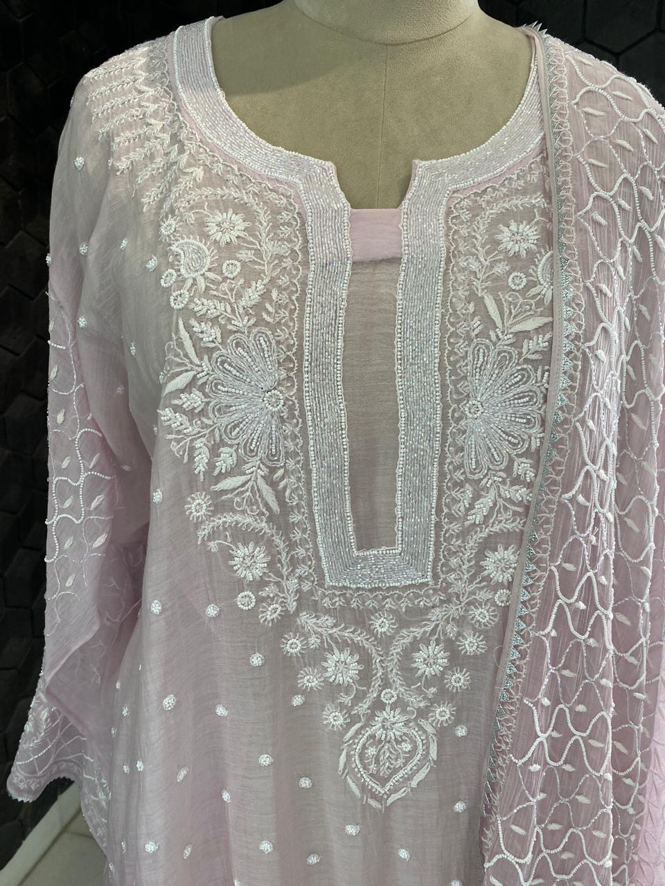 Lilac Mul Chanderi Chikankari Kurta Set