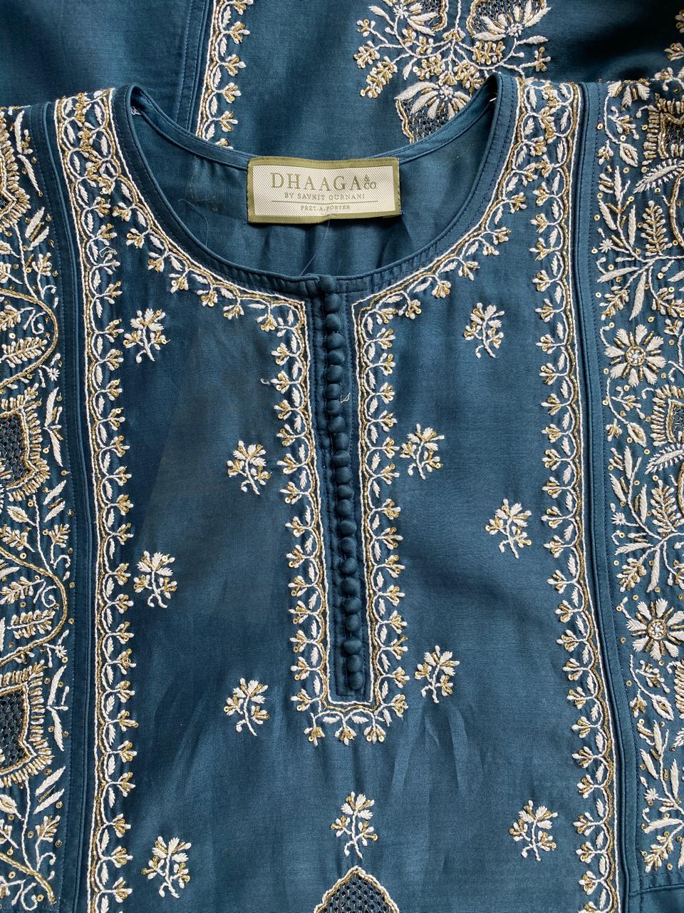 teal blue chanderi chikankari kurta set