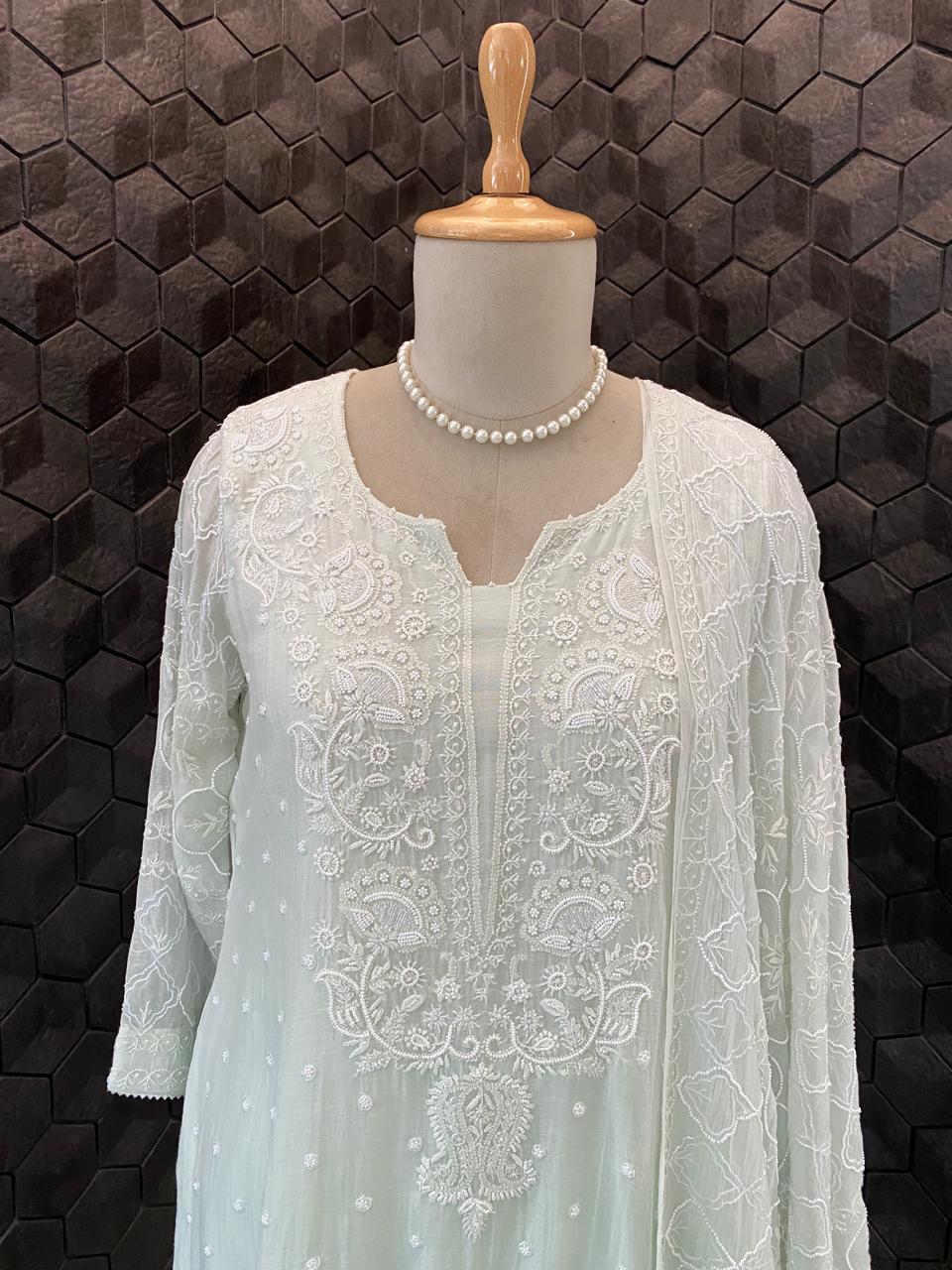 Sea Green Mul Chanderi Chikankari Kurta Set